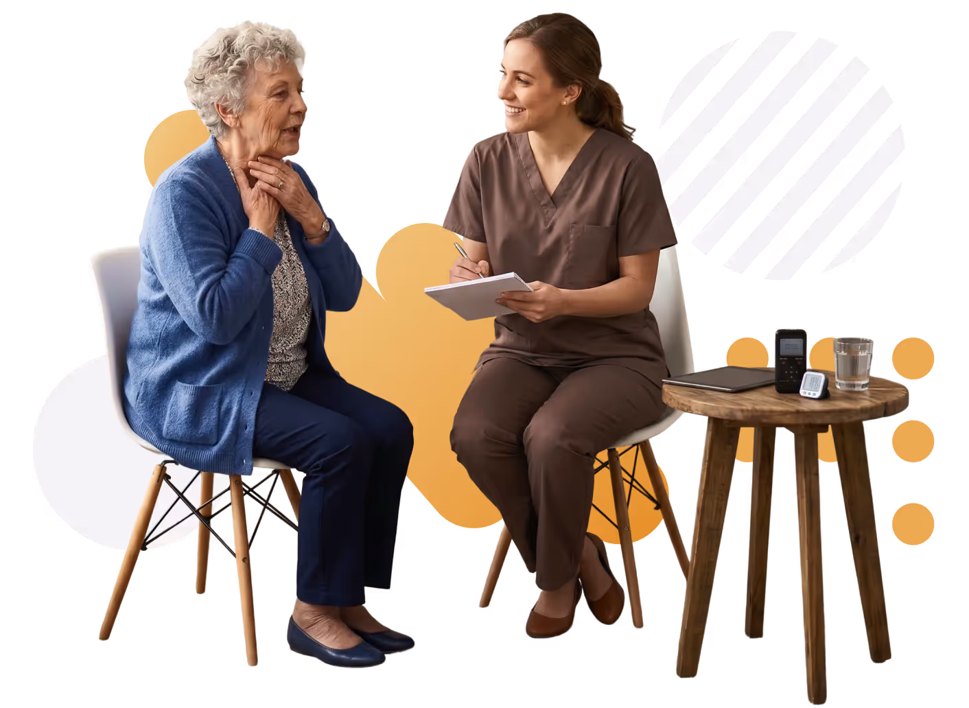 Elderly woman in blue cardigan talking to healthcare professional taking notes on a clipboard.