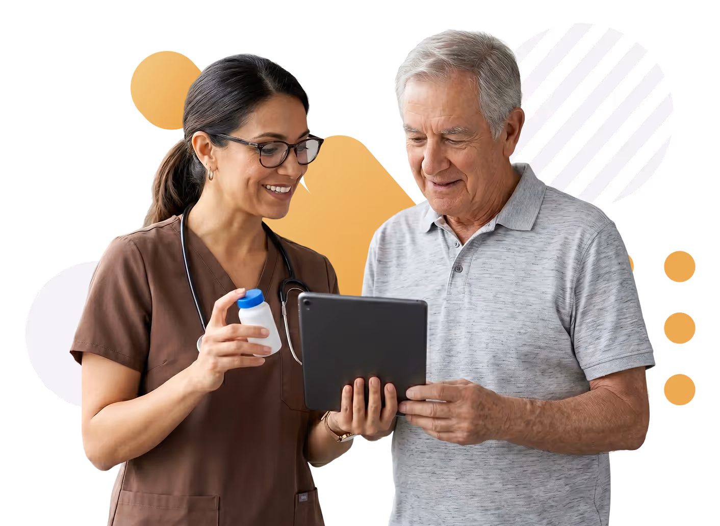 Nurse showing an elderly man a medication bottle and tablet device while smiling.