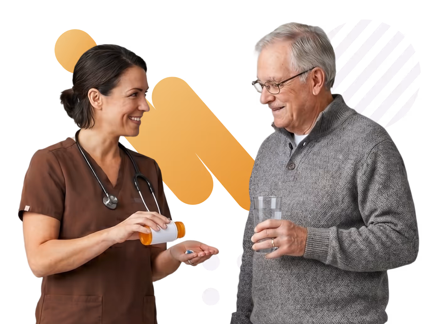 Nurse with stethoscope giving pills to smiling elderly man holding a glass of water.