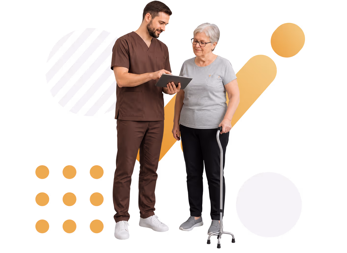 Young male nurse showing tablet to elderly woman with a walker, both standing and smiling.