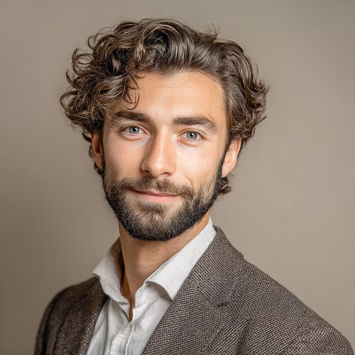 Man with curly hair and beard wearing a brown blazer and white shirt, smiling slightly against a beige background.
