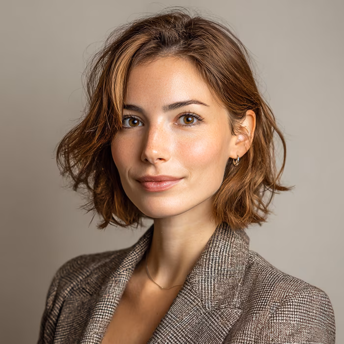 Portrait of a young woman with short brown hair wearing a brown plaid blazer and a delicate necklace, smiling softly against a plain background.