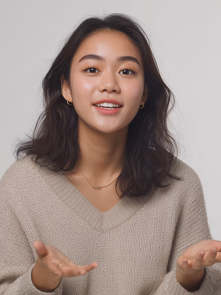 Young woman with shoulder-length dark hair wearing a beige sweater and gold necklace, gesturing with open hands.