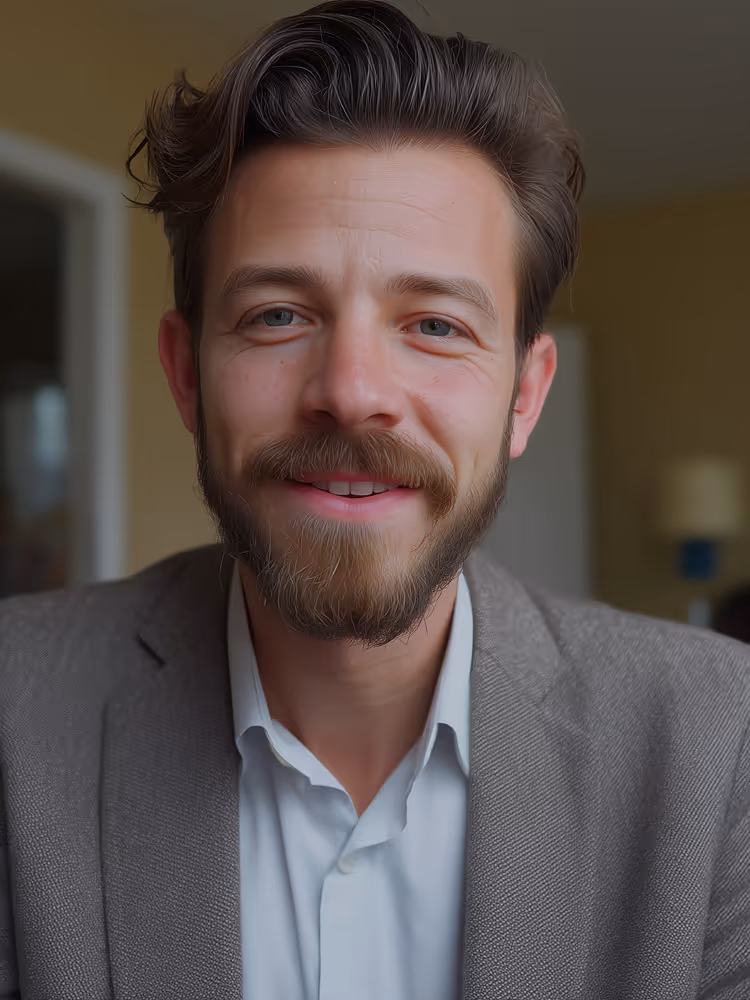 Smiling man with beard wearing a gray blazer and white shirt in a softly lit indoor room.