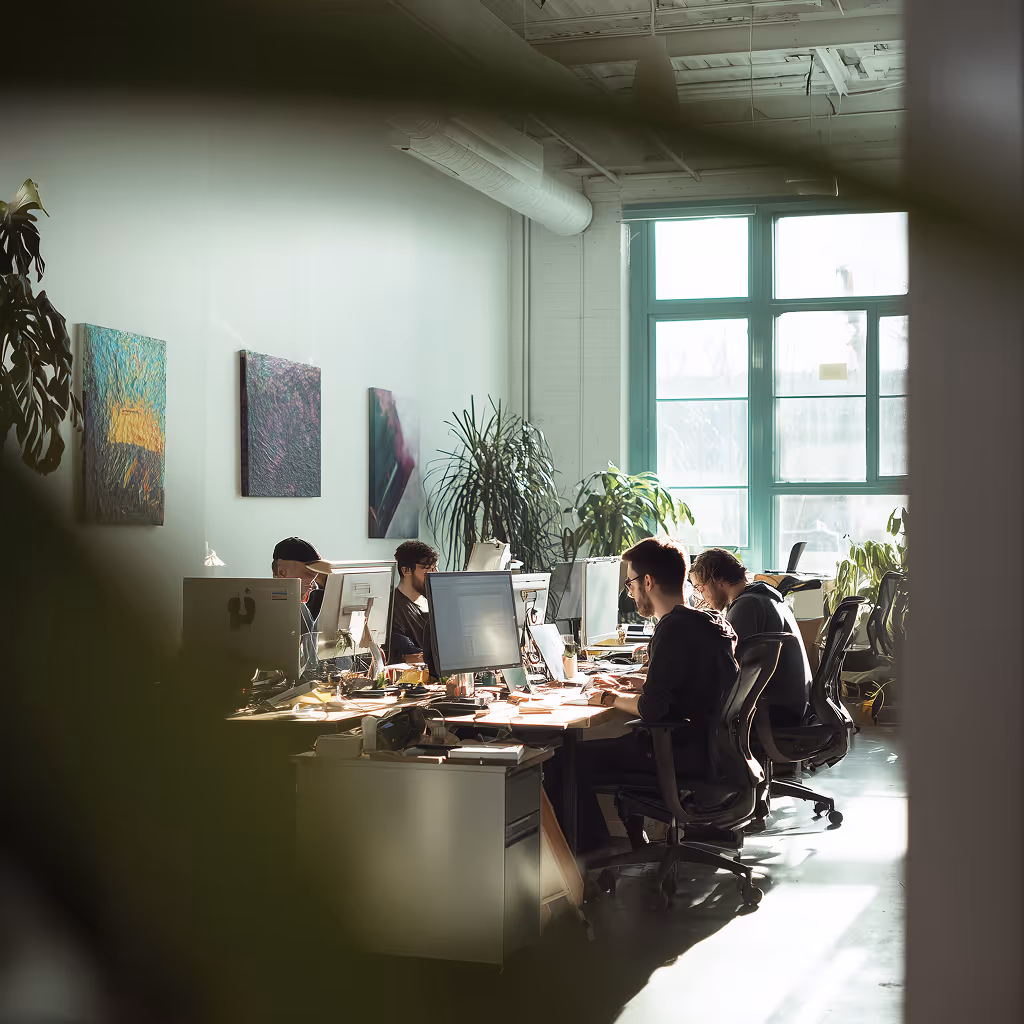 Office workspace with four people sitting at desks working on computers under bright natural light from large windows.