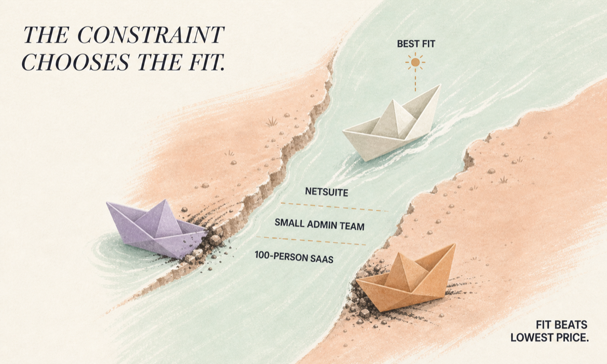 Three paper boats approach a narrow channel defined by NetSuite, a small admin team and a 100-person SaaS company; only one boat passes cleanly and is marked best fit.