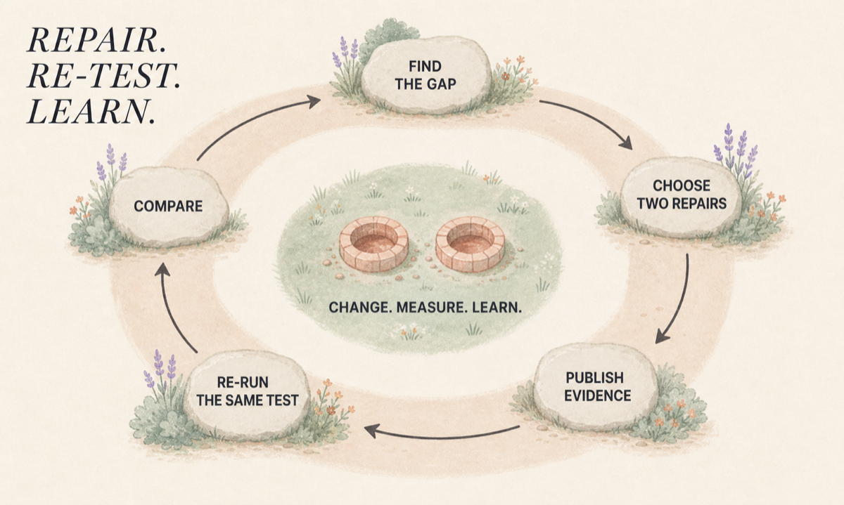 A circular garden path moves through finding the gap, choosing two repairs, publishing evidence, rerunning the same test and comparing, with two repaired points in the center.