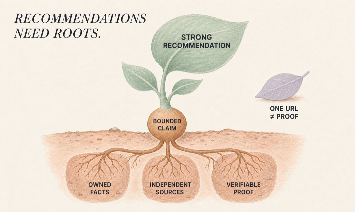 A plant labeled strong recommendation grows from a bounded claim whose roots reach owned facts, independent sources and verifiable proof; a loose leaf warns that one URL is not proof.