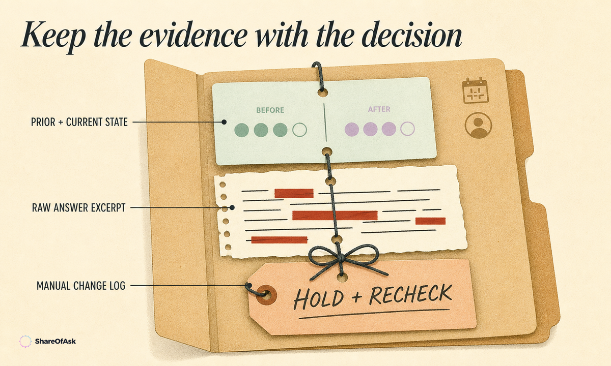 An evidence folder keeps prior and current states, a redacted raw-answer excerpt, and the team’s manual change-log decision together.