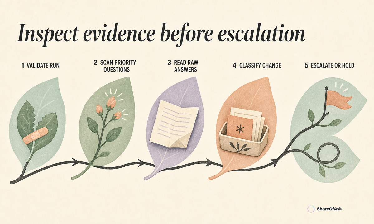 A five-step weekly review validates the run, scans priority questions, reads raw answers, classifies the change, and escalates or holds.