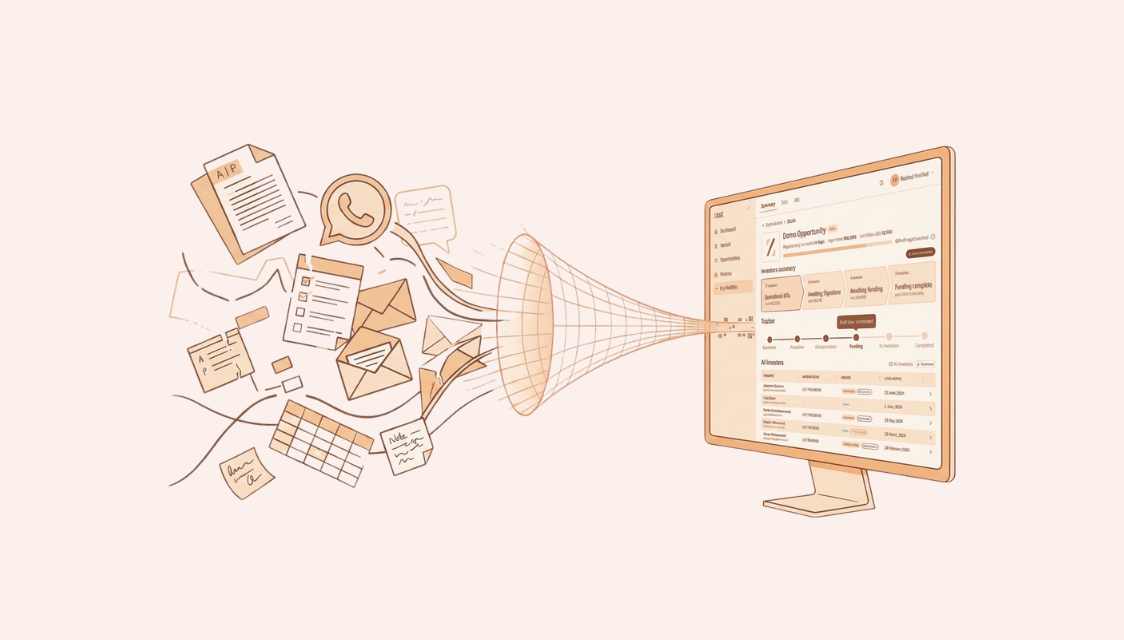 Scattered documents, emails, WhatsApp messages and spreadsheets funnelling into a single Zest deal dashboard.
