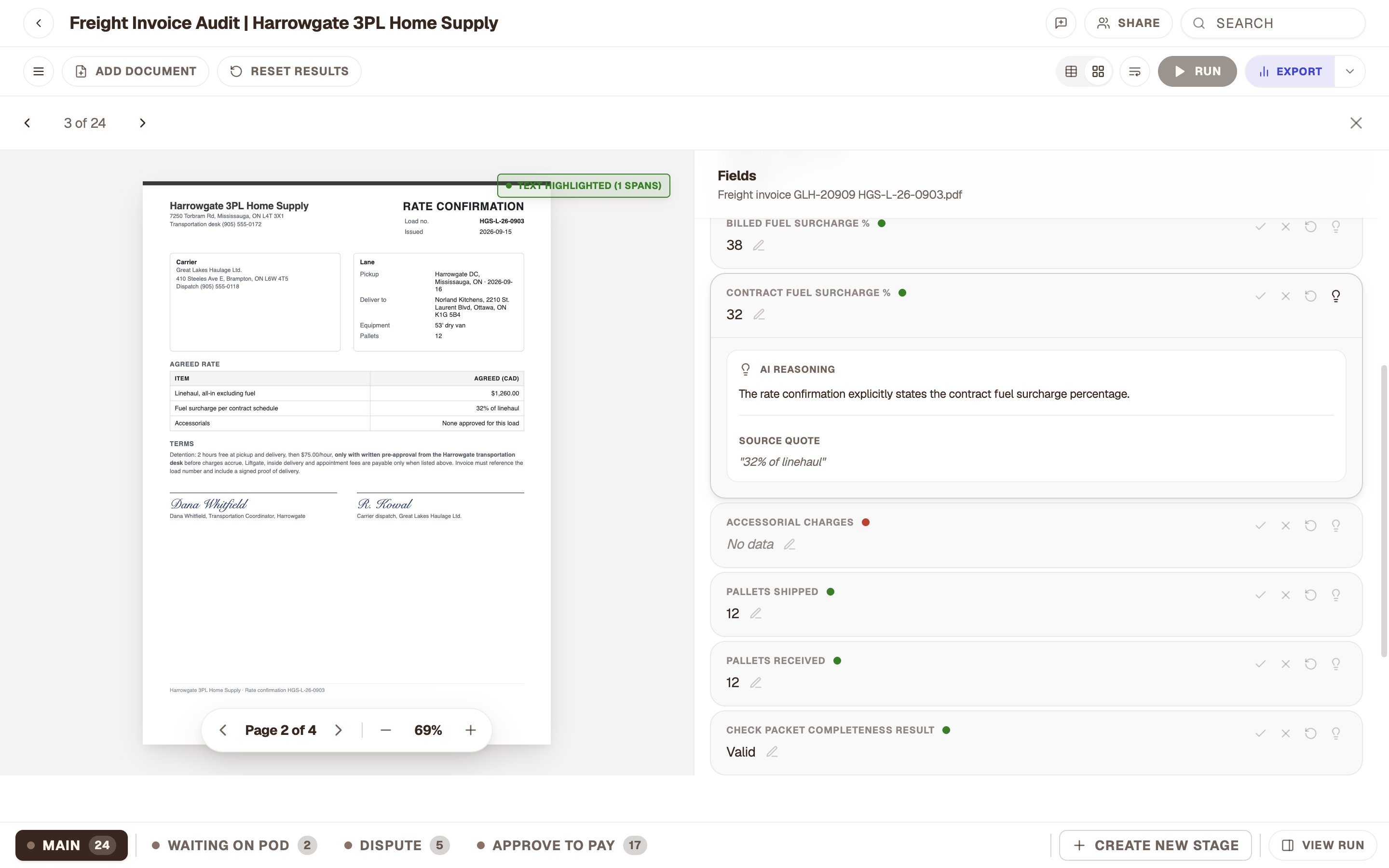 Harrowgate’s rate confirmation showing fuel at 32% of linehaul, next to the value ALK read.