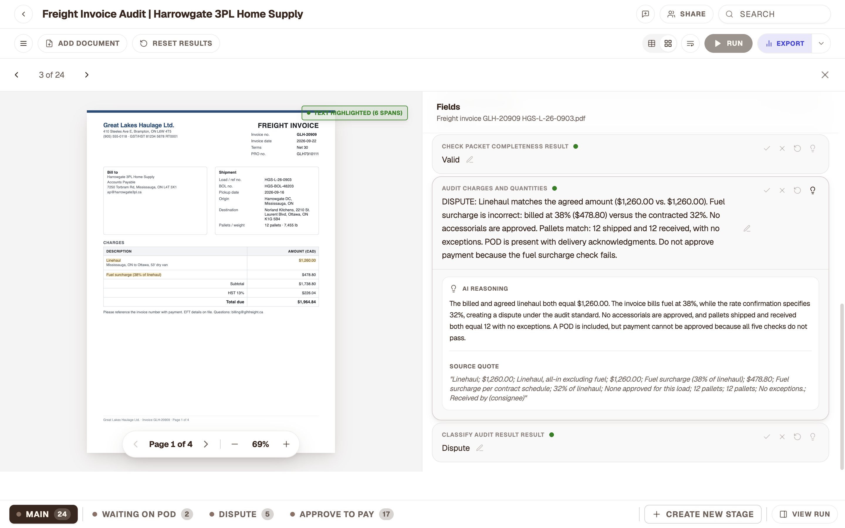 ALK explaining why invoice GLH-20909 goes to dispute: fuel billed at 38% against a contracted 32%.