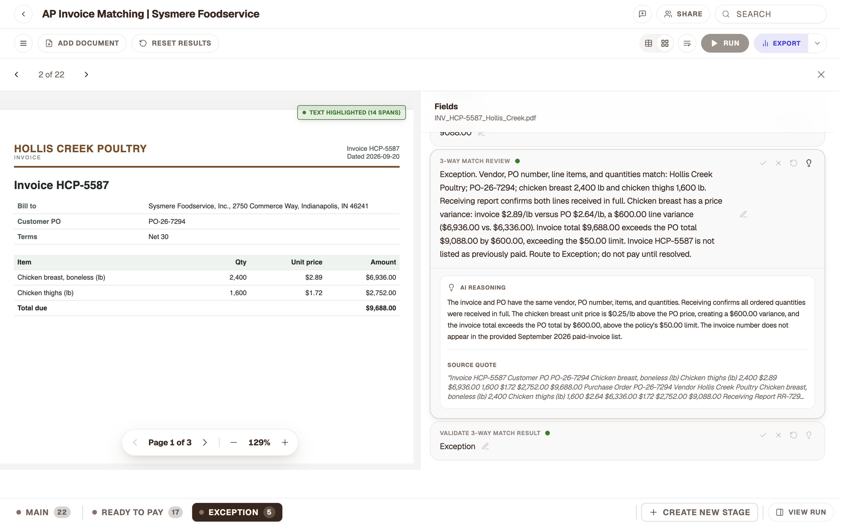 The 3-way match review for Hollis Creek invoice HCP-5587, naming the price variance.