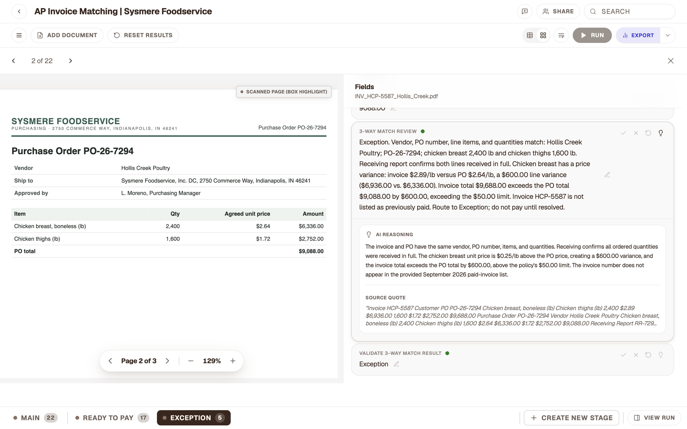 Purchase order PO-26-7294 showing chicken breast at $2.64 per pound.