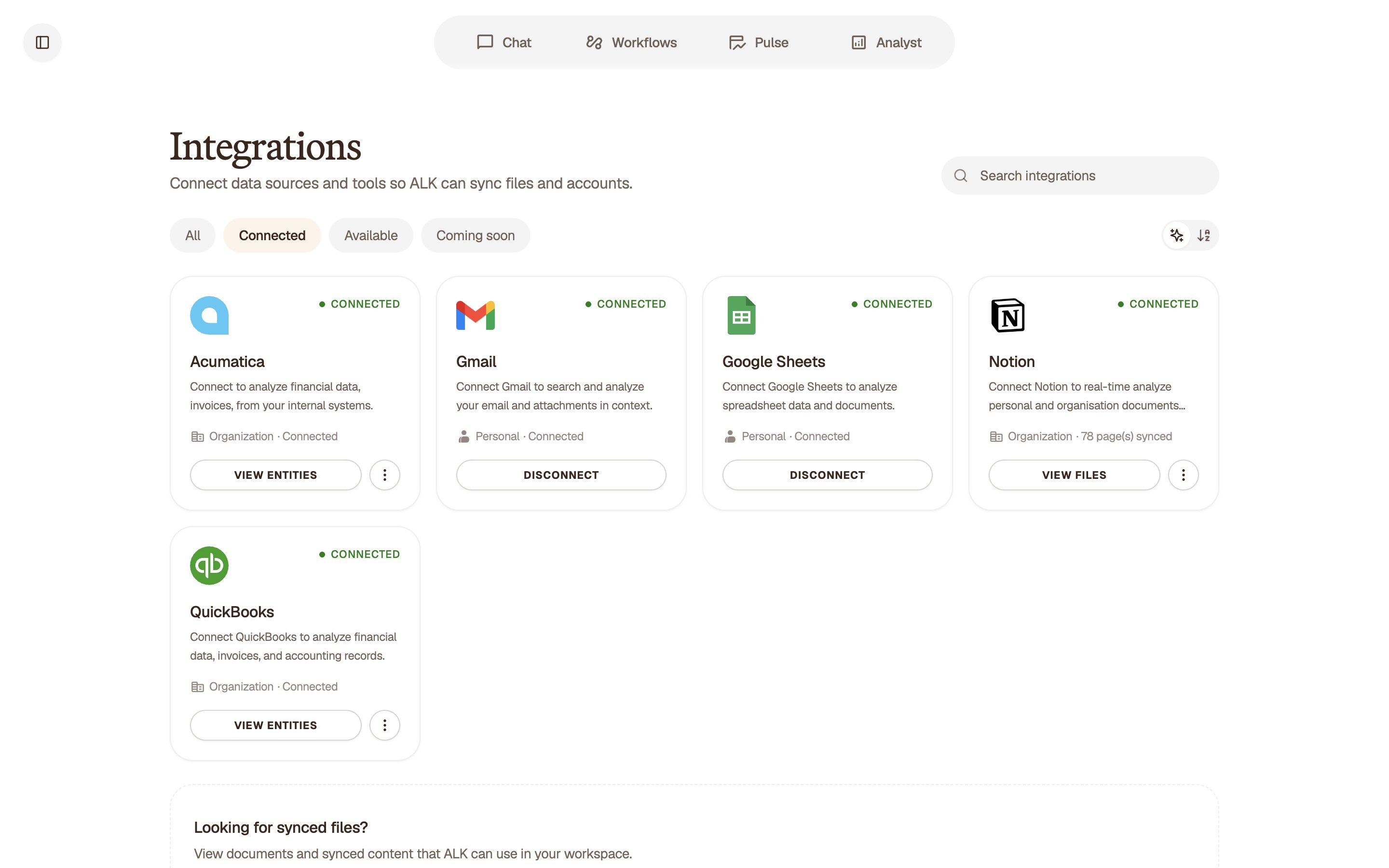 ALK integrations, with the Gmail inbox connected.