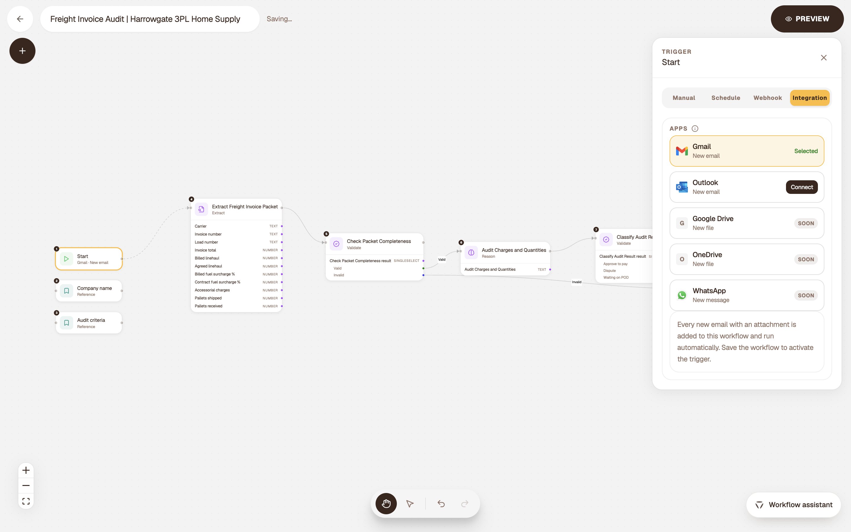 The freight audit’s start step set to Gmail: every new email with an attachment is added and run automatically.