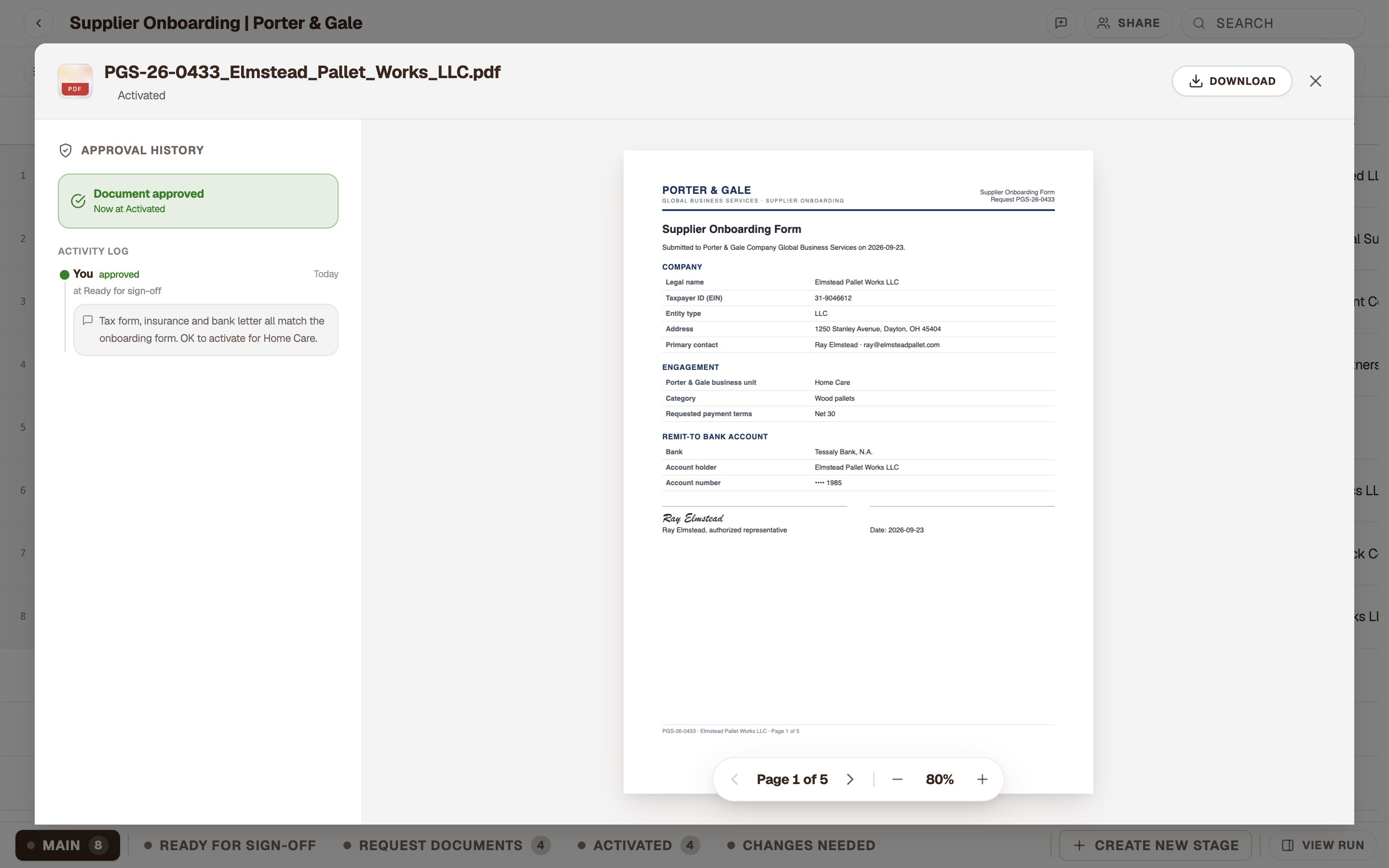 Elmstead’s approval history: document approved, now at Activated, with the reviewer’s note in the activity log.