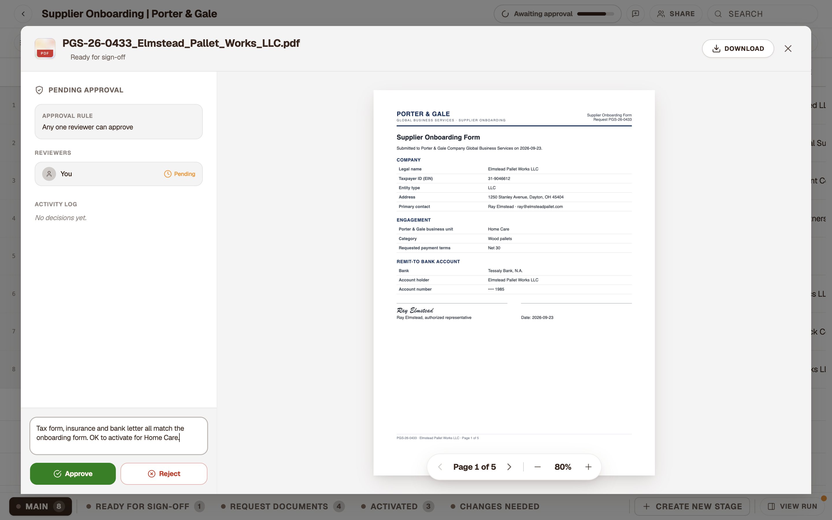Elmstead Pallet Works waiting for approval, with the reviewer’s note typed in before approving.