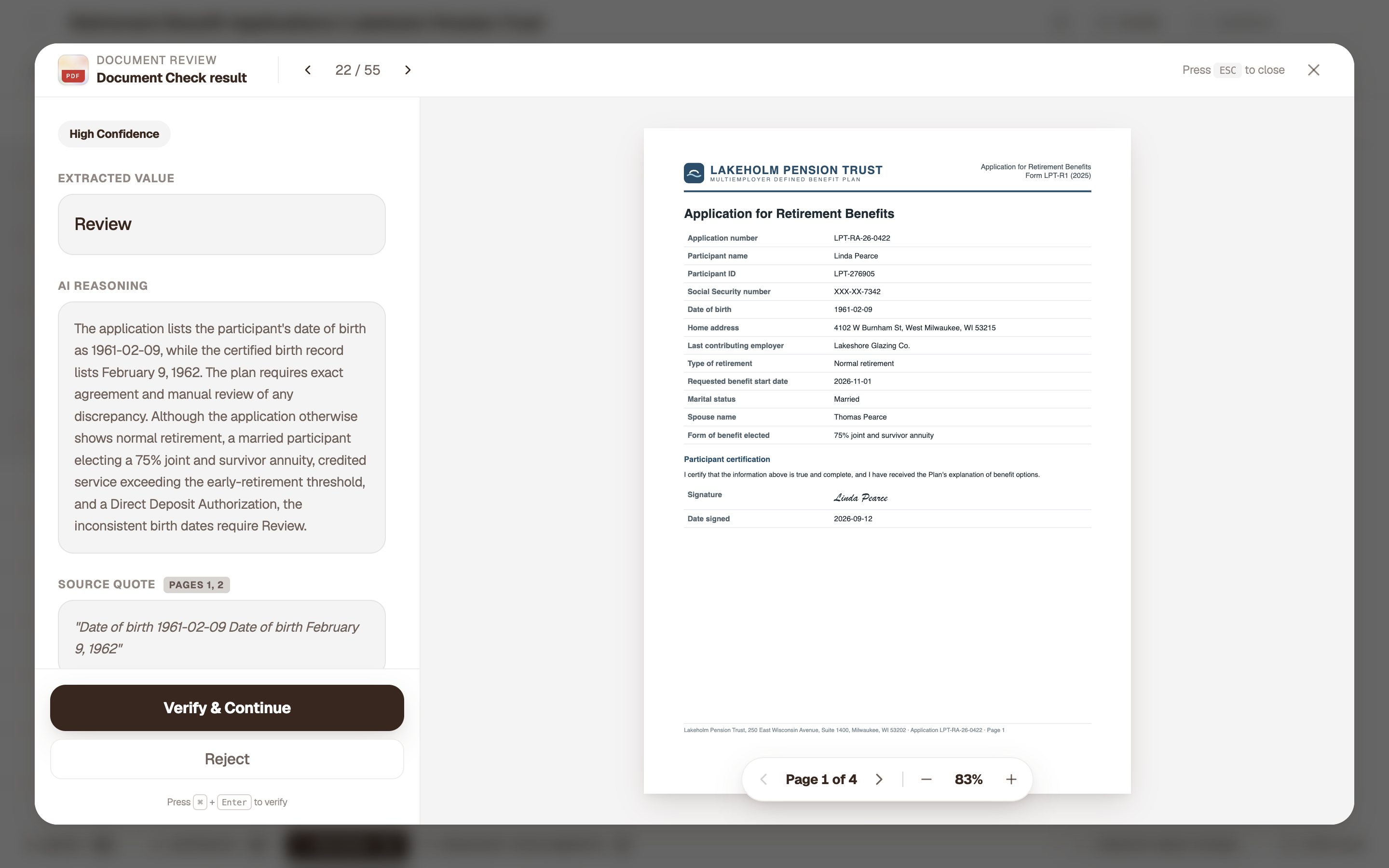 Linda’s file in Review, with ALK’s reasoning and the Verify and Reject buttons for the person signing off.