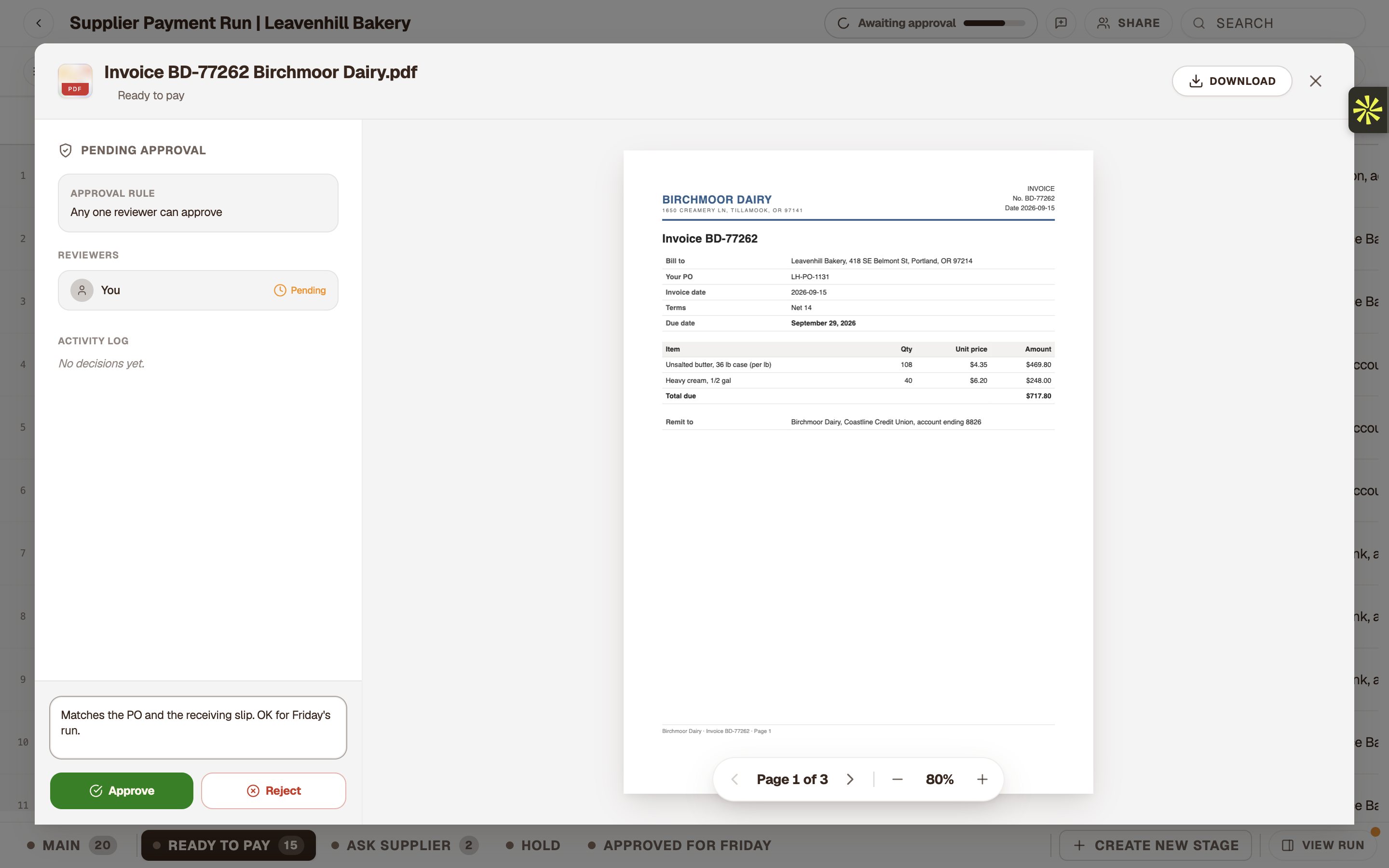 An invoice waiting for the owner’s approval, with Approve and Reject.