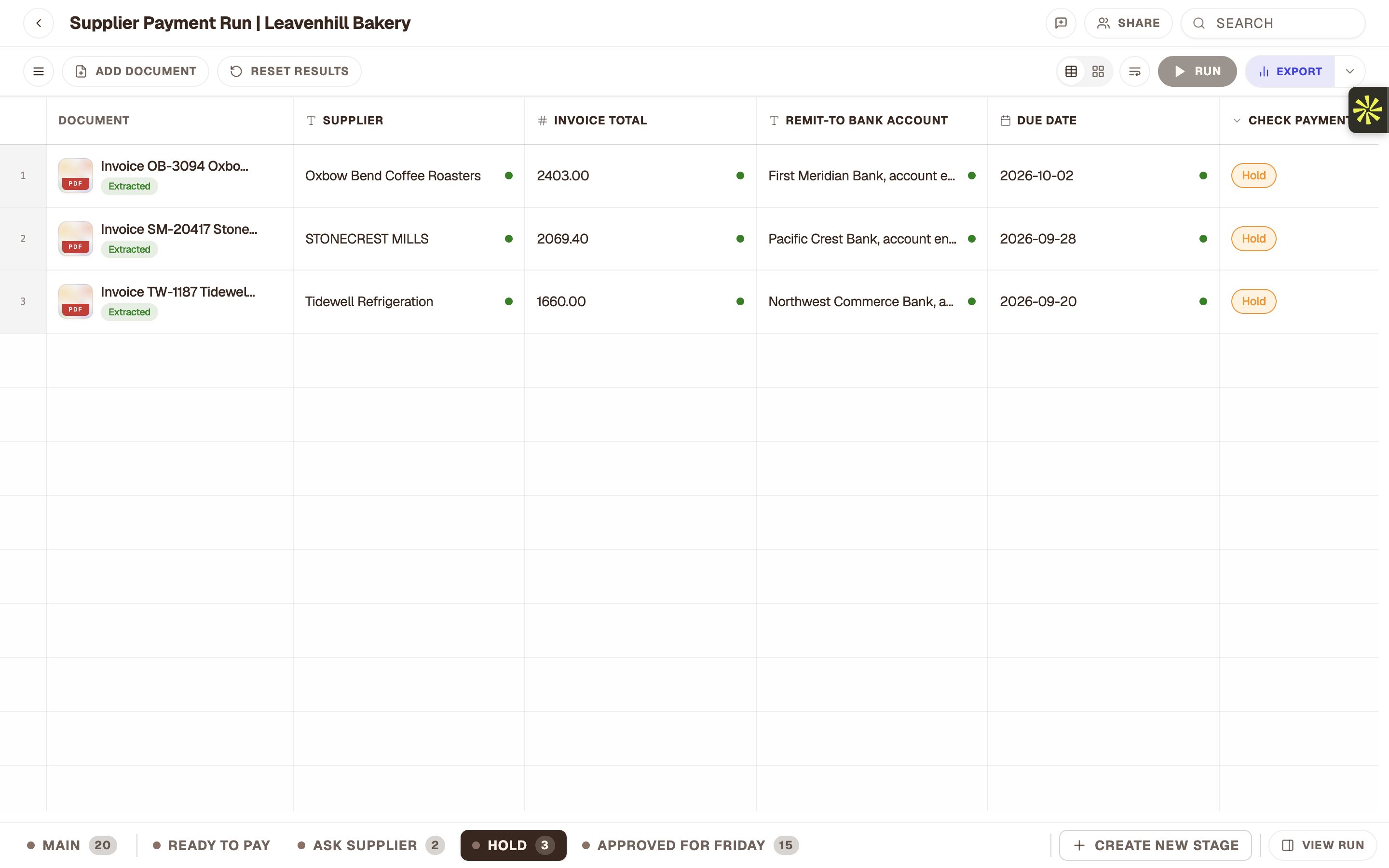 The Hold stage: three invoices held from Friday’s run.