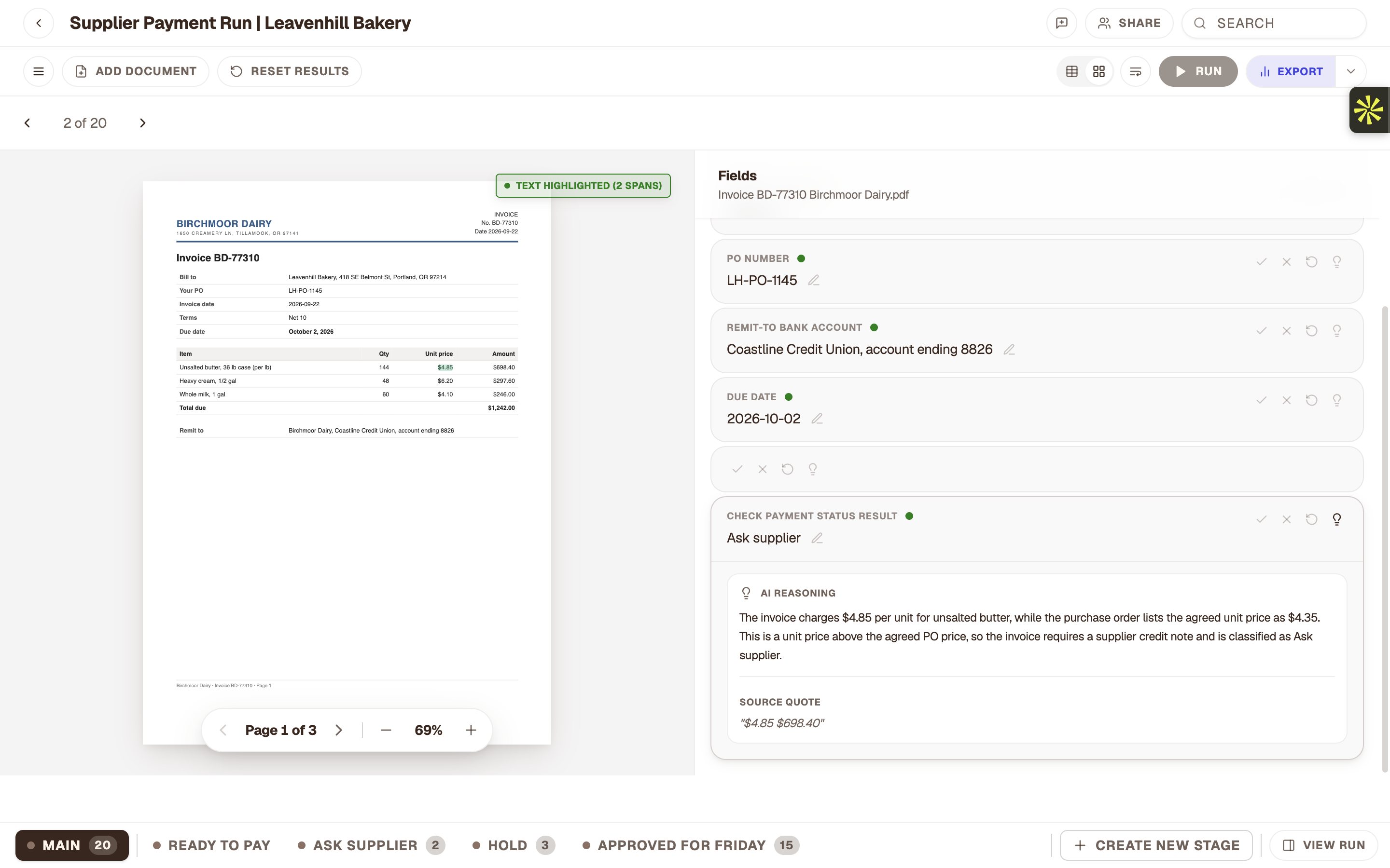 ALK explaining why invoice BD-77310 needs a credit note: butter billed at $4.85 against an agreed $4.35.