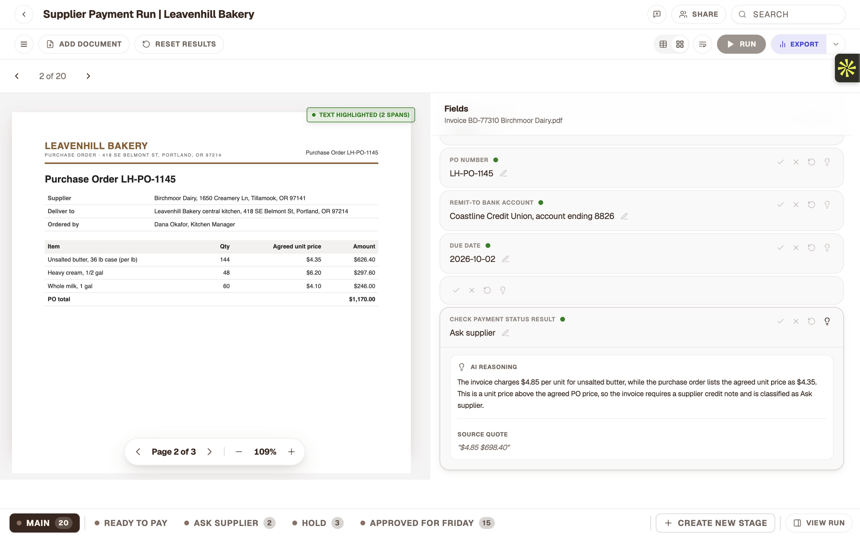 Leavenhill’s purchase order showing unsalted butter at $4.35 a pound, next to the value ALK read.