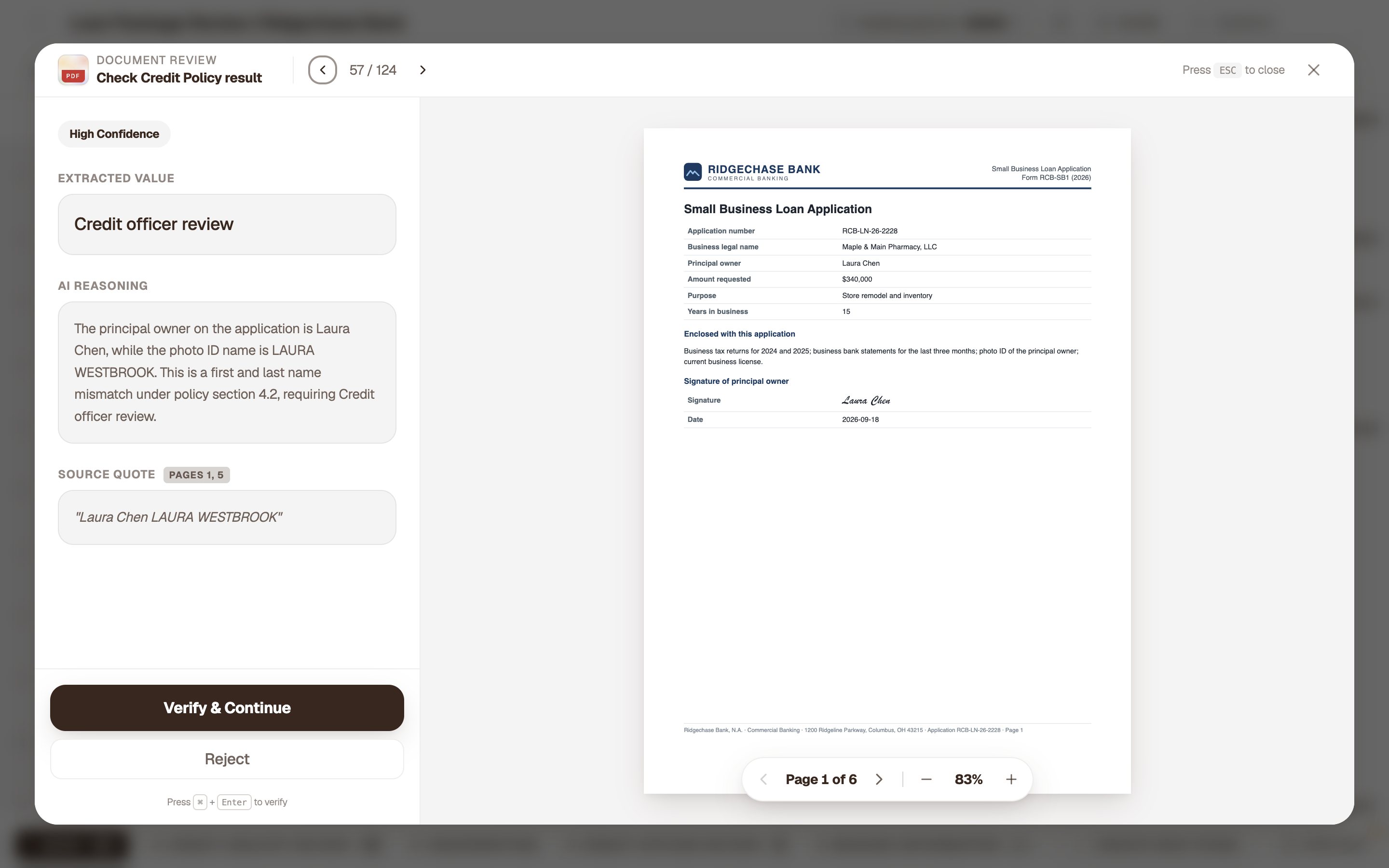 AI reasoning dialog explaining Maple and Main Pharmacy owner identity mismatch.