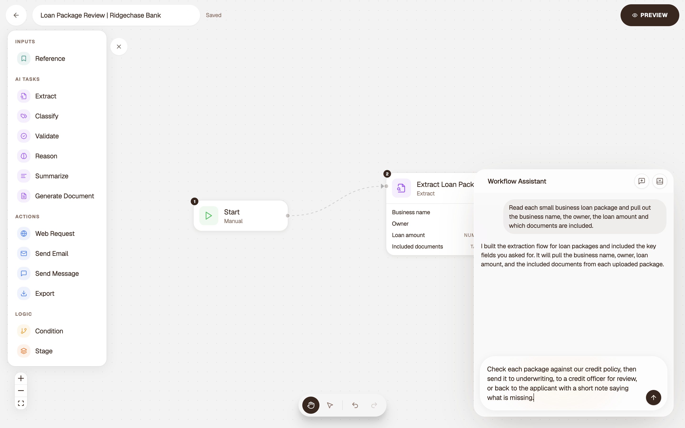 Loan Package Review workflow assistant prompt for Ridgechase Bank.