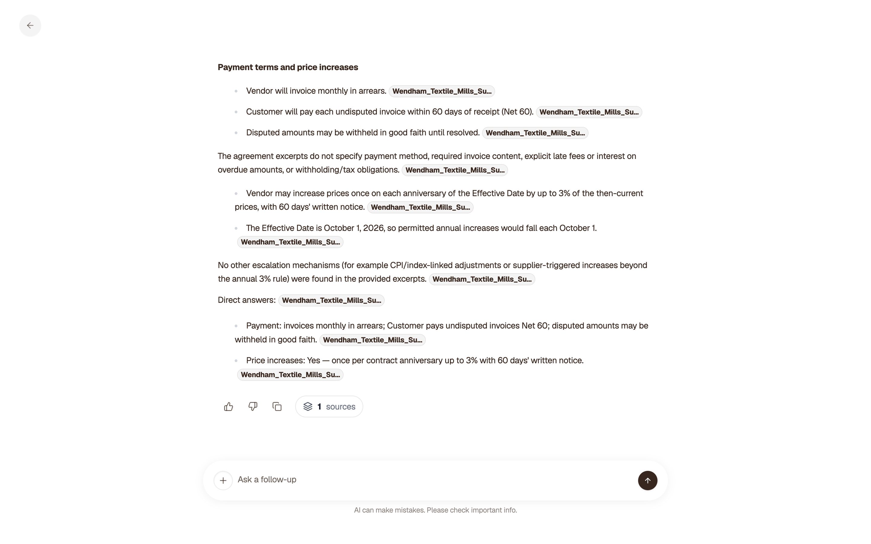 ALK answering with the contract’s own wording: Net 60 payment terms and an up-to-3% yearly increase.