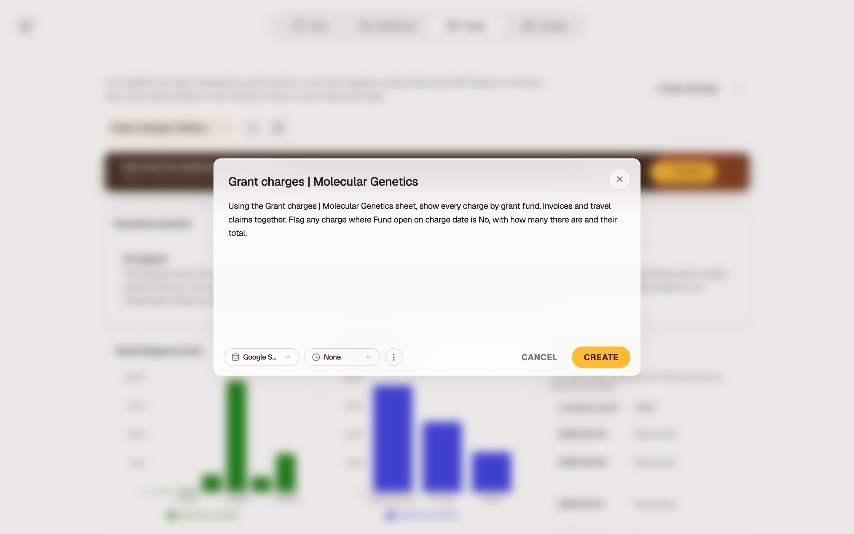 Telling Pulse what to watch: every charge by grant fund, with any charge on a fund that was not open flagged.