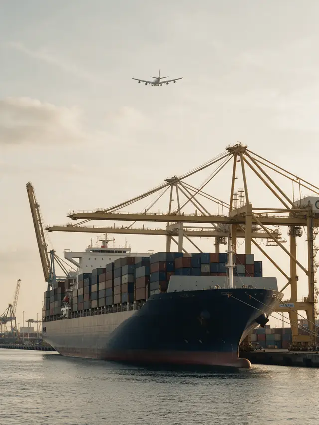 Container ship at port with cargo plane overhead