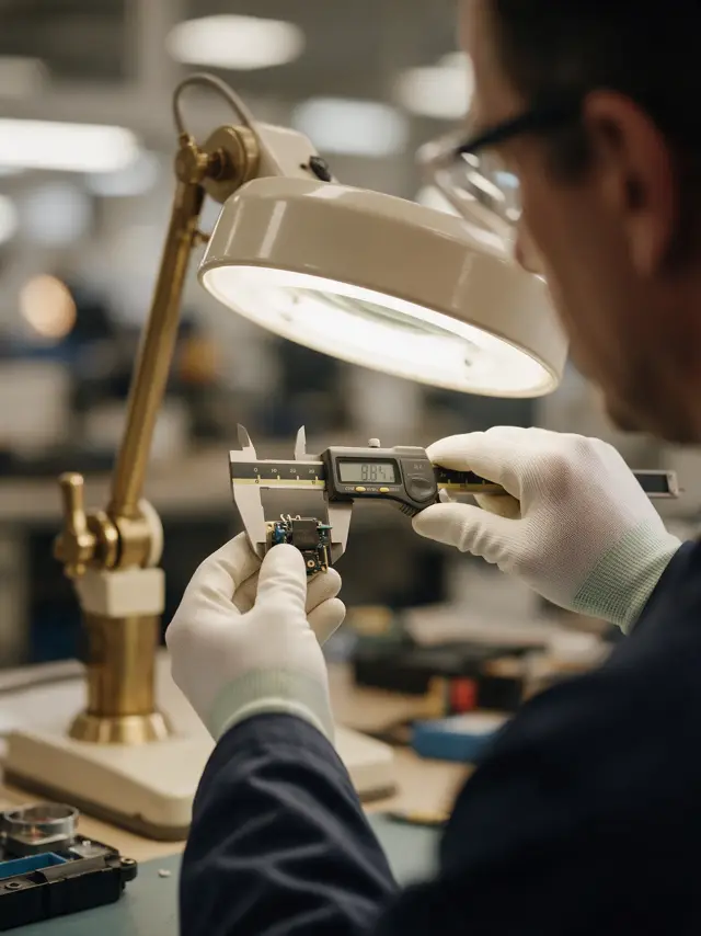 Inspector measuring a component with a caliper