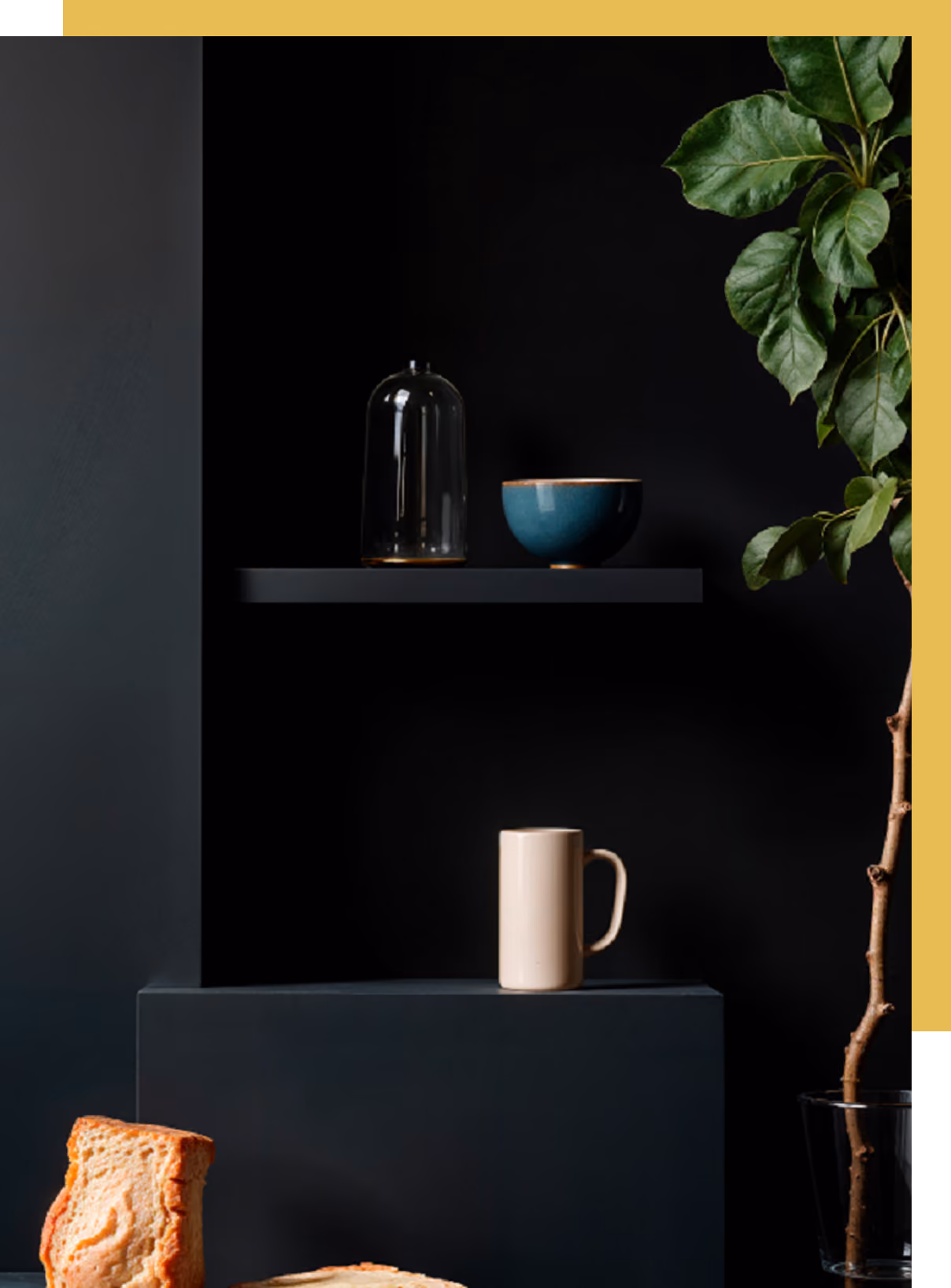 Minimalist black shelving with a clear glass cloche, by MT Construction Group Miami