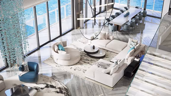 Modern living room with large white sofas, by MT Construction Group Miami