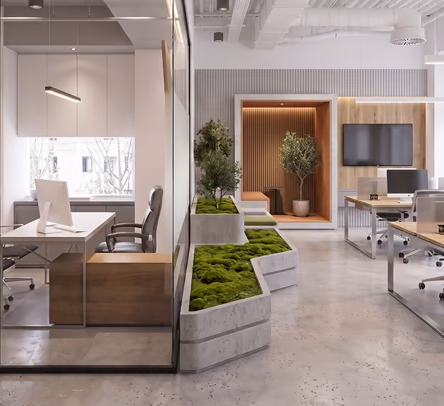 Modern office with glass-walled meeting room,  by MT Construction Miami