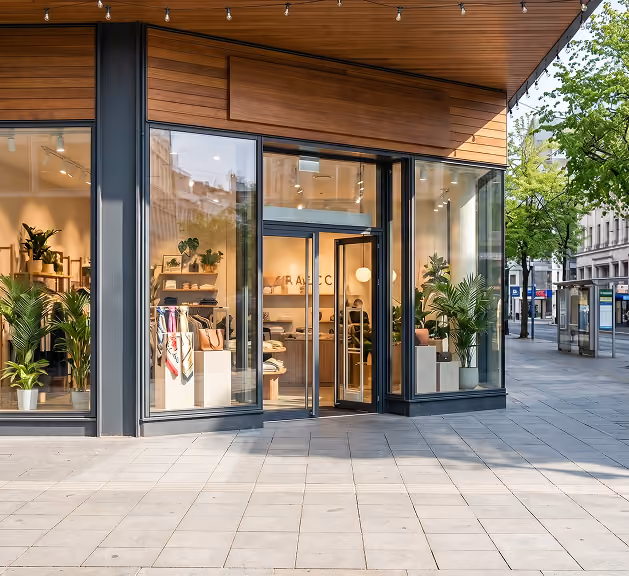 Modern store entrance with large glass windows displaying plants,  by MT Construction Miami