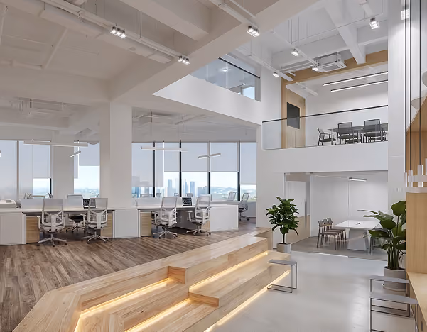 Modern open office with white desks,  by MT Construction Miami