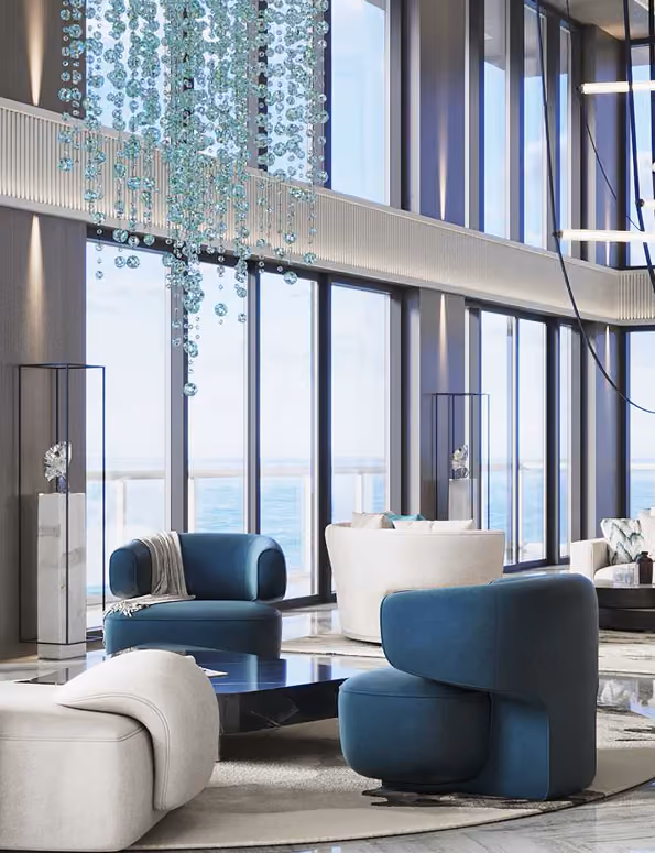 Modern living room with blue and white chairs,  by MT Construction Miami