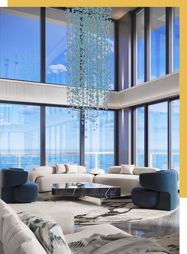 Modern living room with large glass windows  by MT Construction Miami
