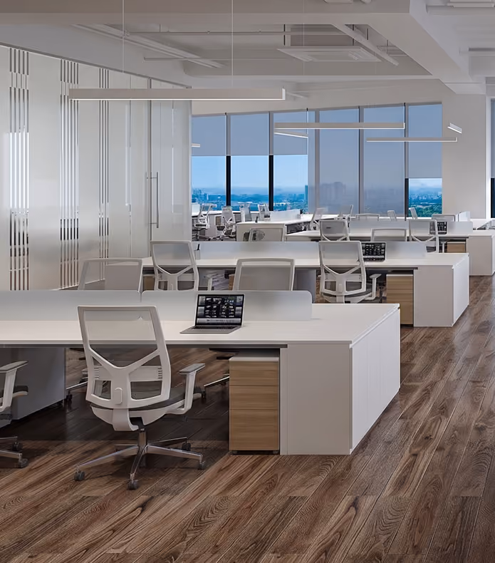 Modern open office with white desks, ergonomic chairs,  by MT Construction Miami