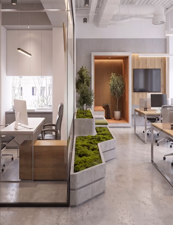Modern office with glass partition, wooden desks,  by MT Construction Miami