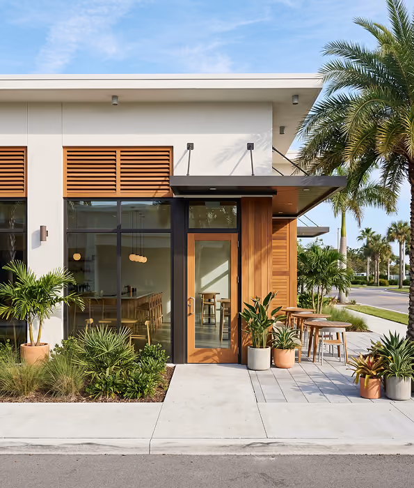 Modern café entrance with glass door,  by MT Construction Miami