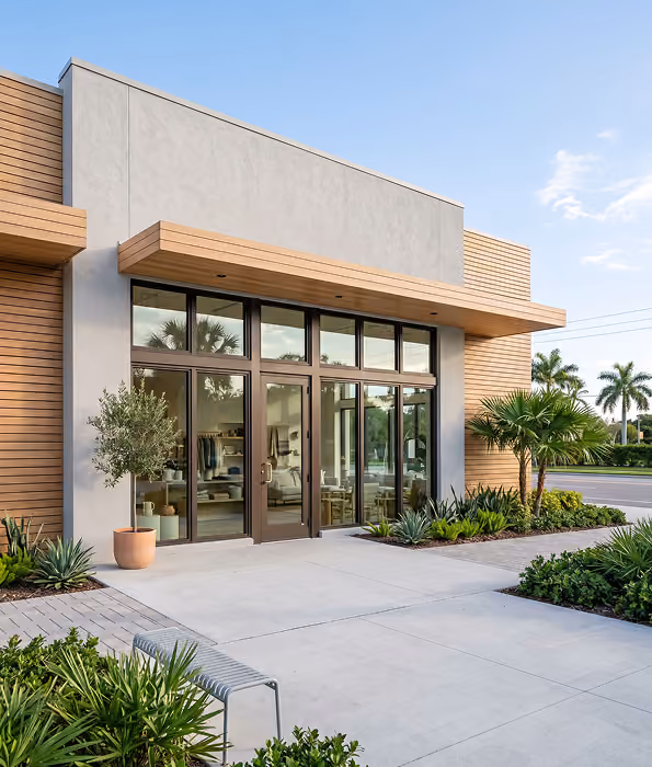 Modern storefront with glass doors  by MT Construction Miami