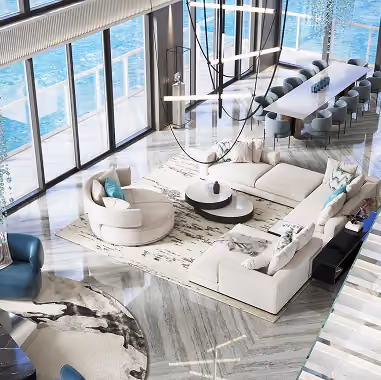 Modern living room with beige sofas, round chairs,  by MT Construction Miami