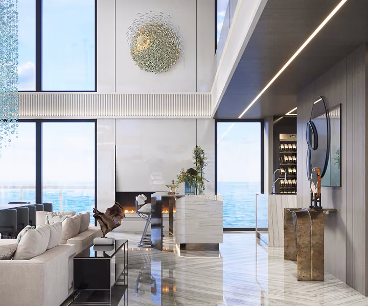 Modern living room with ocean view, marble floors,  by MT Construction Miami