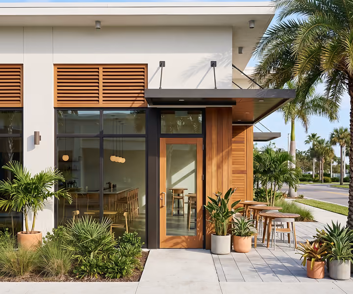 Modern cafe entrance with wooden door, by MT Construction Group Miami