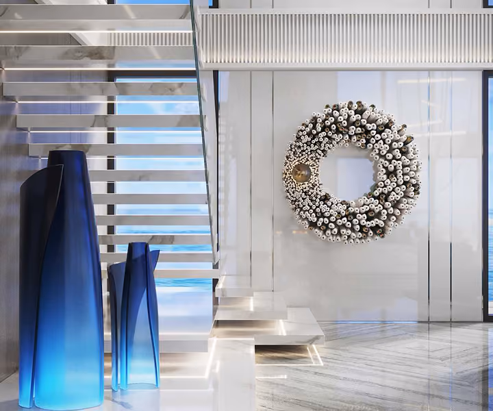 Modern interior with floating stairs, blue vases, by MT Construction Group Miami