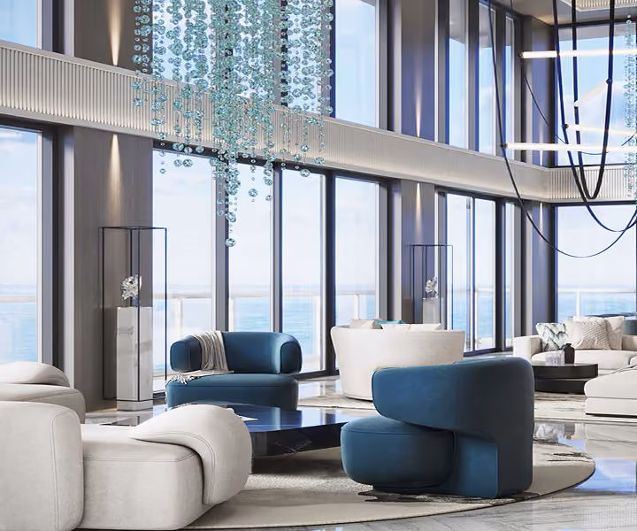 Modern living room with curved white and blue chairs, by MT Construction Group Miami
